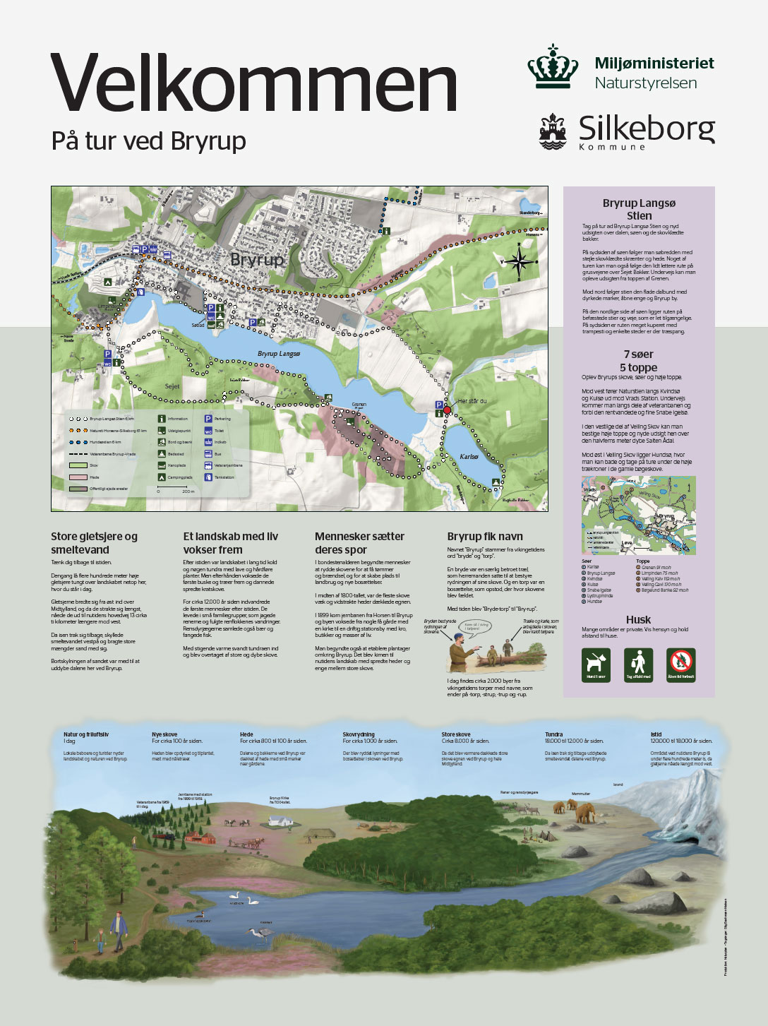 Velkomsttavle ved Bryrup. Udarbejdet for Naturstyrelsen Søhøjlandet og Silkeborg Kommune 2024. Illustrationer: Stig Bachmann Nielsen.